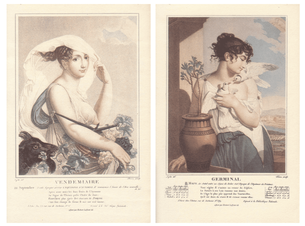 Vendemaire and Germinal from a decimal calendar illustrated by French painter Louis Lafitte.